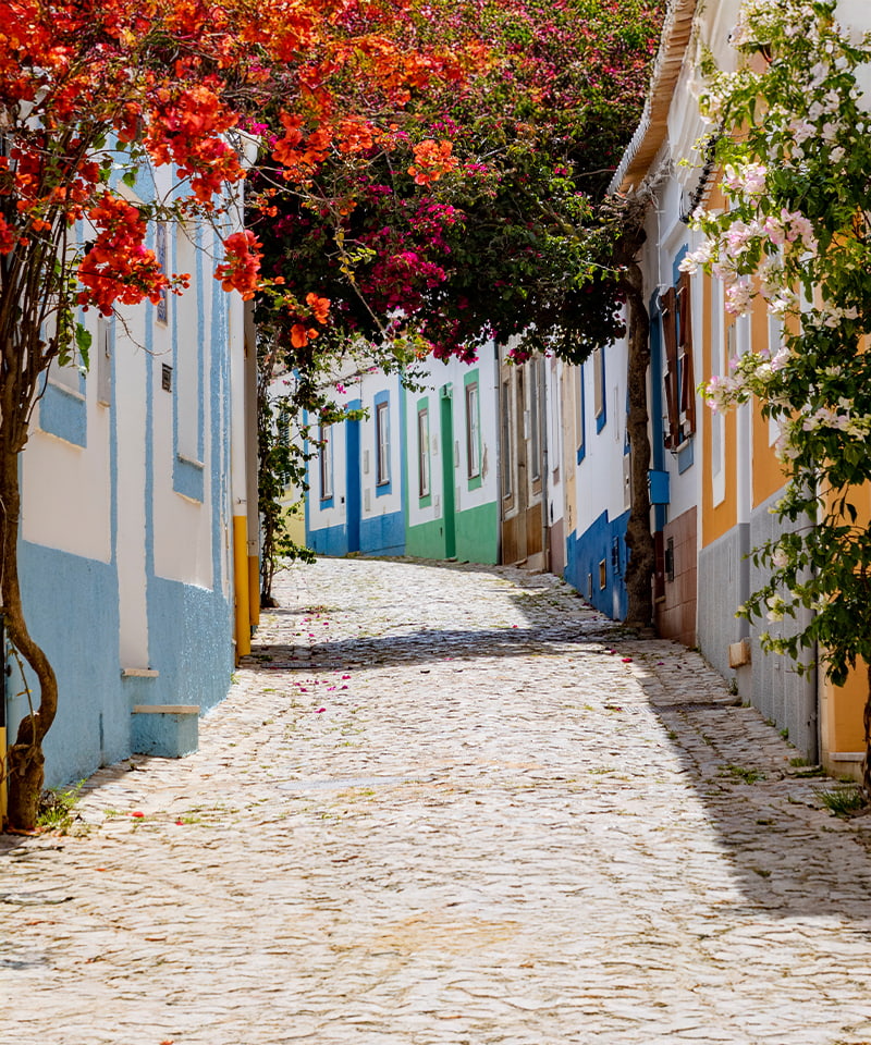 Traditional Portuguese village in the Algarve with whitewashed buildings and terracotta roofs